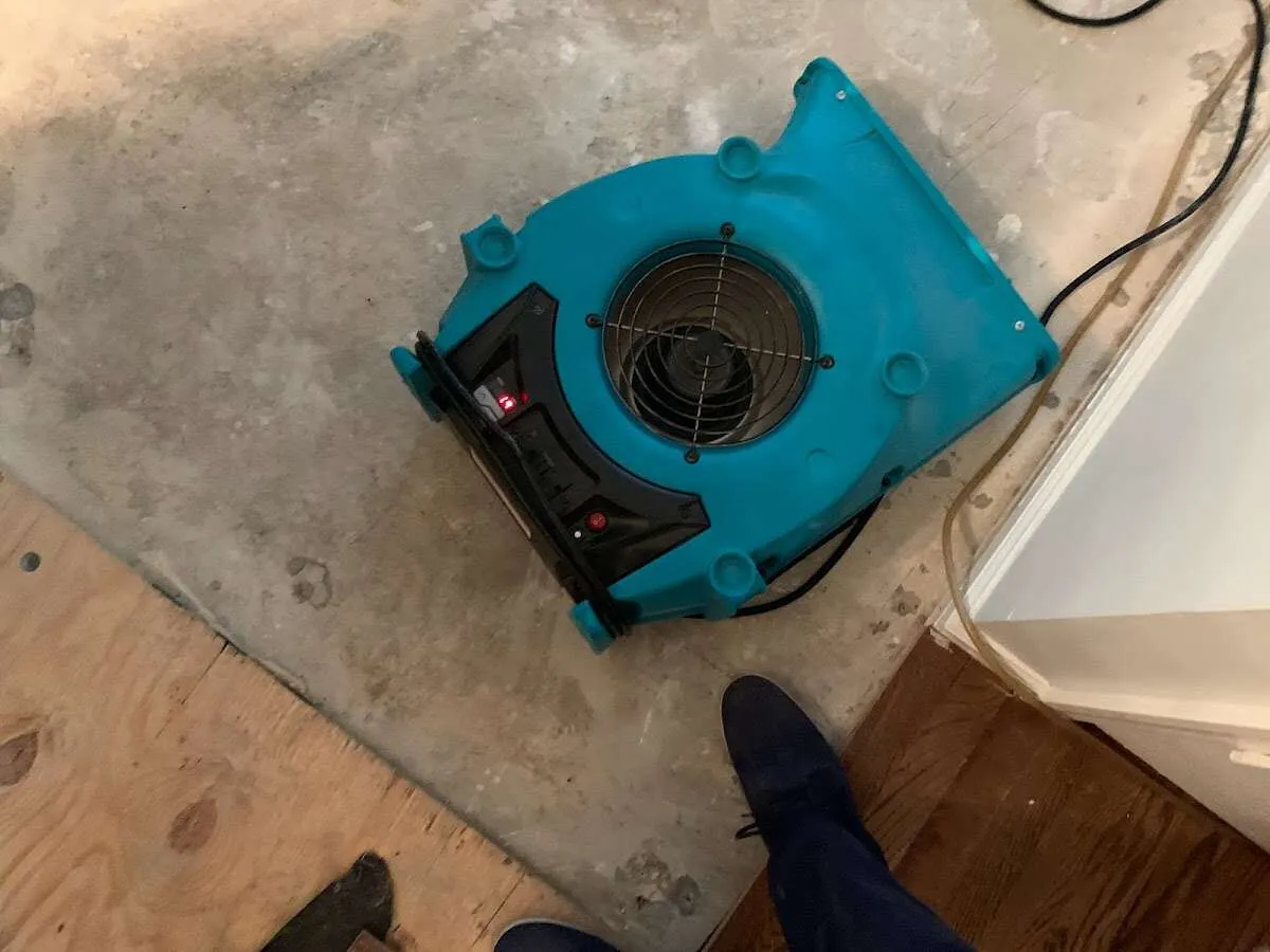 Air mover drying subfloor during Commercial Water Damage Restoration in Micco